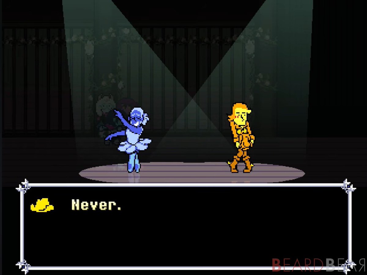 conncatt's tweet photo. I dunno why this gets me, but the simple and blunt "Never." makes me want to sob my brain out... he would never arrest blue... its too sweet... #blellow #deltarune https://t.co/jI4xSnsksd