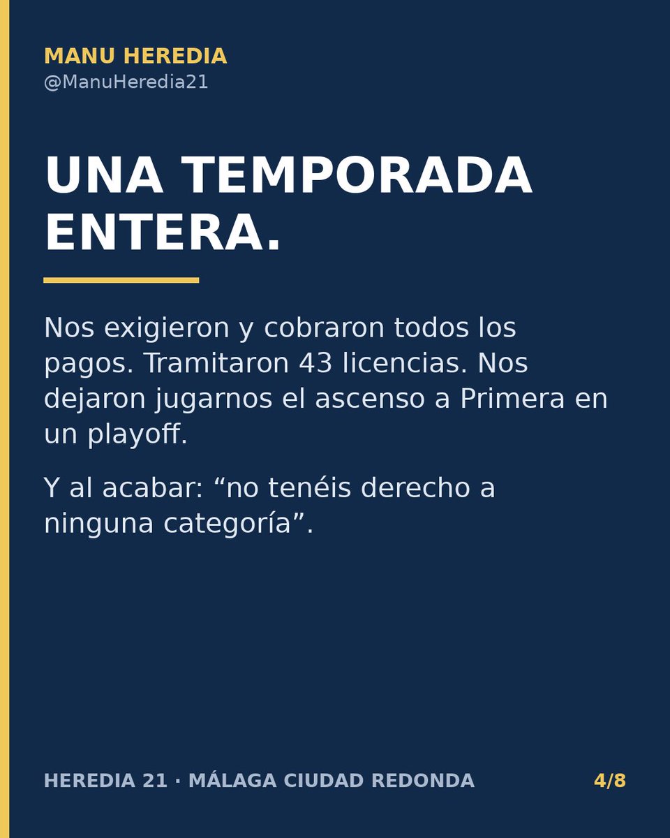 ManuHeredia21's tweet photo. Nos exigieron y cobraron todos los pagos. Tramitaron 43 licencias. Nos dejaron competir la temporada entera y jugarnos el ascenso a Primera en un playoff. Y al acabar, nos dijeron que no teníamos derecho a ninguna categoría. ¿En qué cabeza cabe? https://t.co/DdcoubPVAq