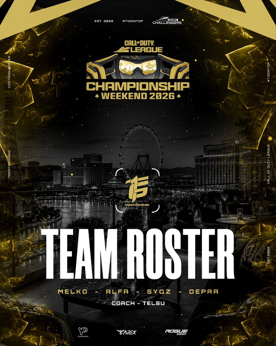 T1Gesports's tweet photo. 🚨Challengers Champs 2026🚨

T1G🔜Vegas😤

We’re excited to announce the official T1G roster heading into Call of Duty Challengers Champs &amp; EWC!🏆😈

⚫️@Melko_
🟡@AlfaaFL (@OMiTGG) 
⚫️@ssyqz
🟡@RMDepaa

🧠@Teslu_

#T1GonTop | #Challengers2026 https://t.co/Zh0wJeFKhR