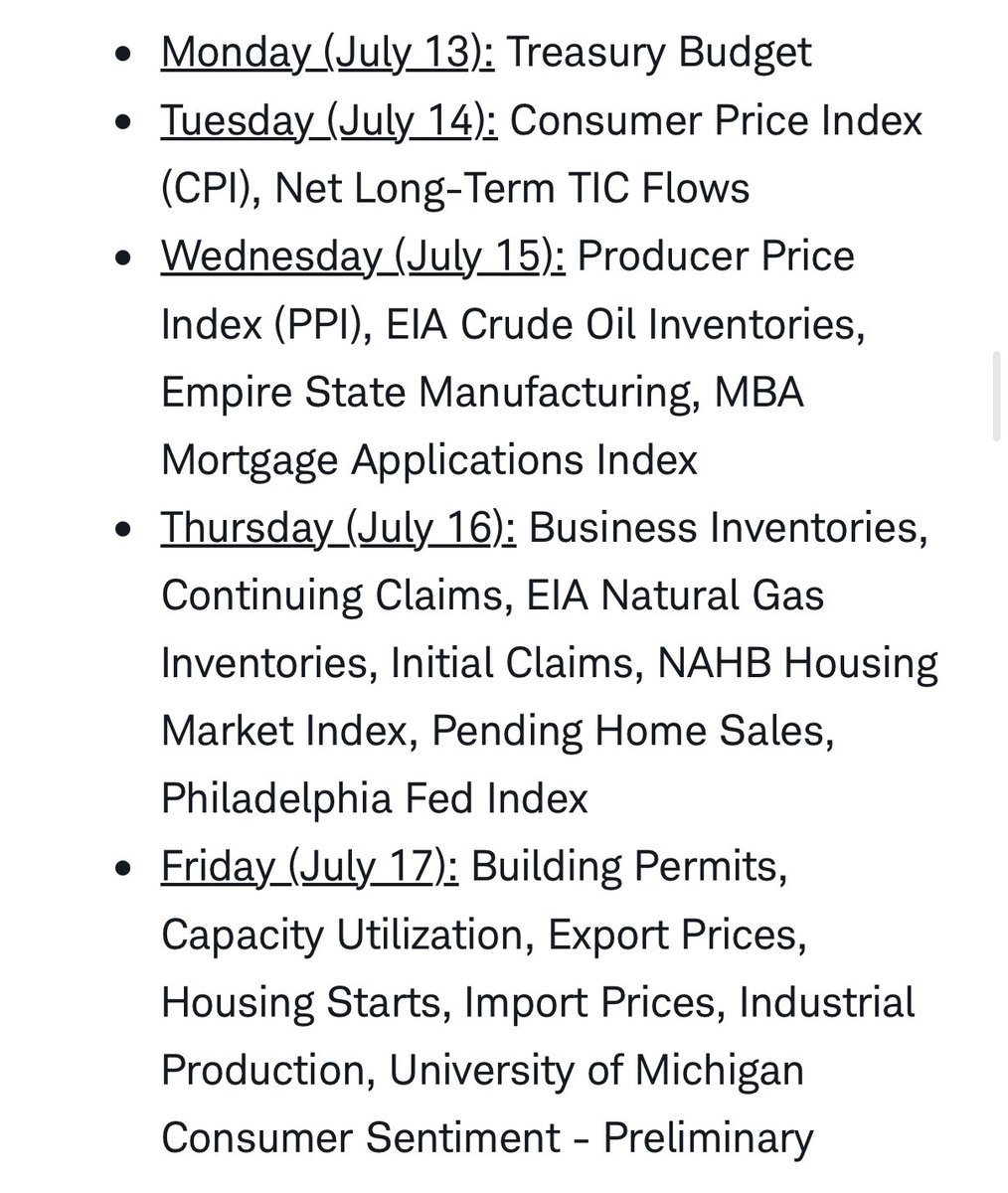 rhemrajani9's tweet photo. Week ahead 🎞️:

▪️ 🚨 CPI Tues
▪️ $C $GS $WFC $BAC earnings Tue
▪️ 🚨 PPI Wed
▪️ $ASML $BLK $JNJ earnings Wed
▪️ Pending 🏠 sales Thurs
▪️ $TSM $UNH $NFLX earnings Thurs
▪️ Monthly OPEX options expiration Fri 

$SPX $QQQ $VIX https://t.co/RWrroMoGTe