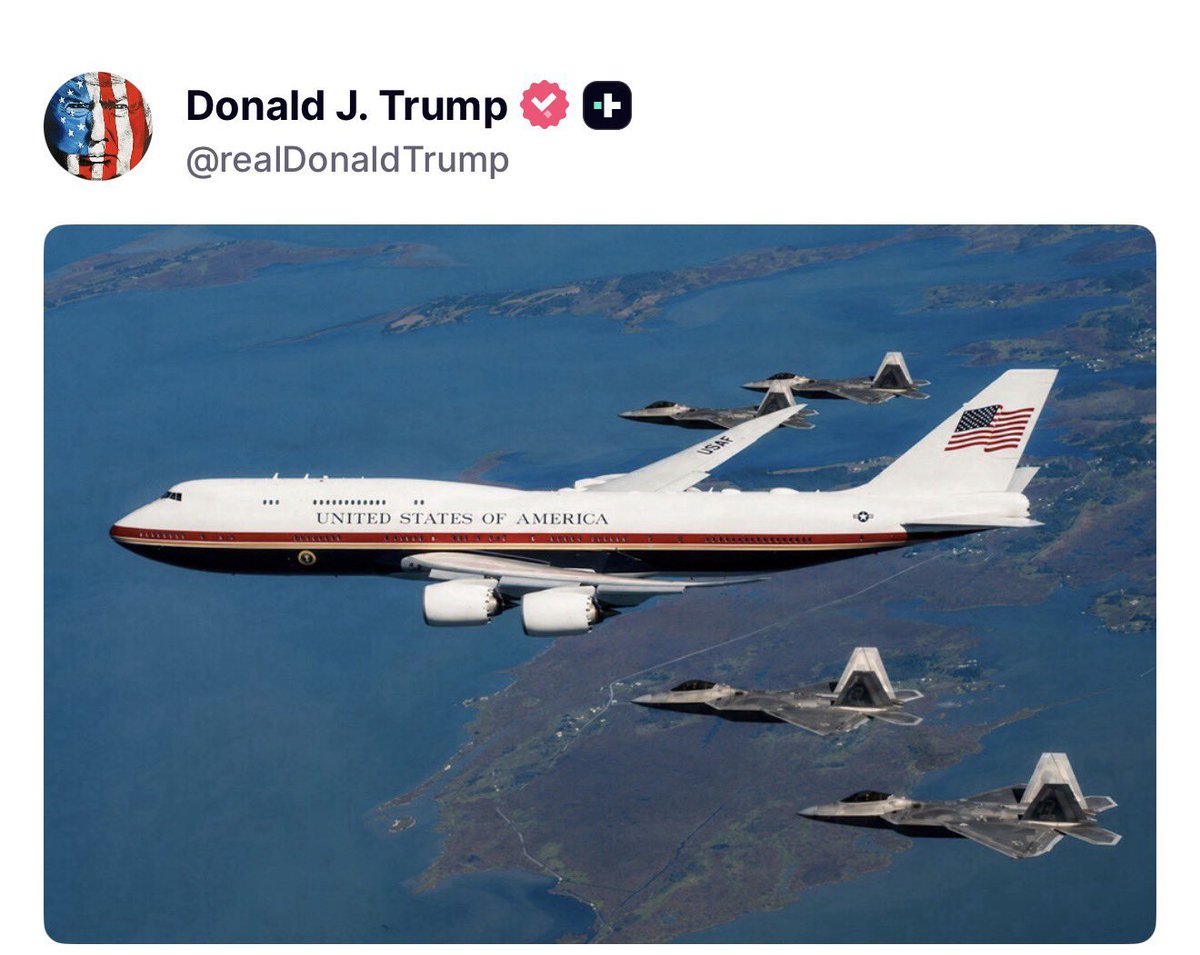 GuntherEagleman's tweet photo. 🚨 ABSOLUTE UNIT: President Trump’s Air Force One Soaring with Full Fighter Jet Escort! 

No other image screams AMERICA FIRST STRENGTH like this. The Beast escorted by the world’s best pilots, projecting power across the skies. https://t.co/0Ww1cYVnUX