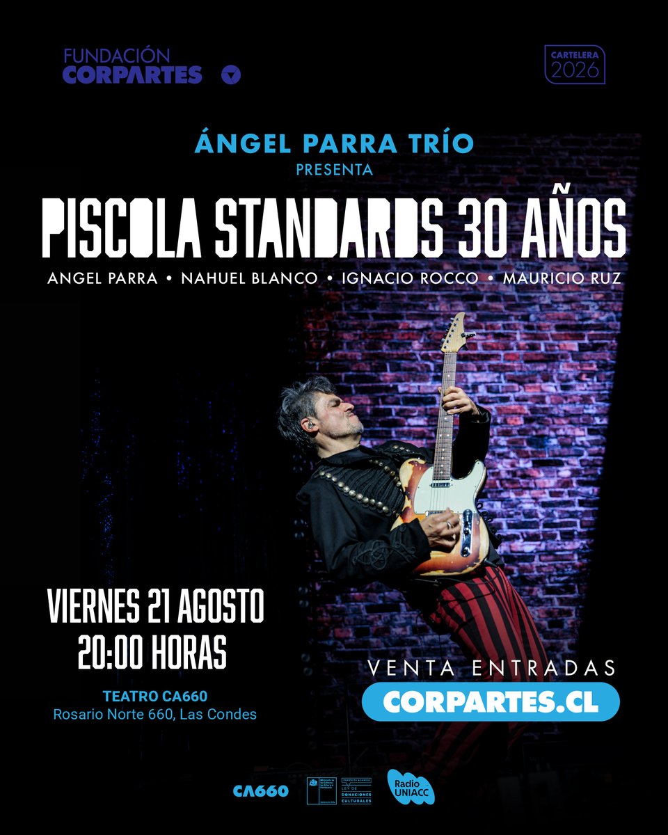 CorpArtes's tweet photo. ¡CONCIERTO HISTÓRICO! 🔥
Ven a ser parte de la celebración de los 30 años del emblemático disco "Piscola Standards" (1996) del destacado guitarrista nacional Ángel Parra Orrego.
🎟️Entradas y descuentos: https://t.co/uFoK6mmZl9
#Chile #Santiago #ÁngelParra
#LasCondes #Música https://t.co/L3XJ6dr79m