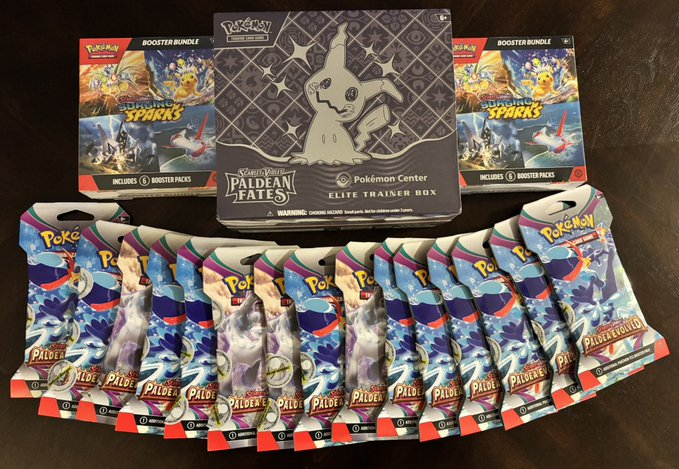 MikeysRetro's tweet photo. Sealed Consignment 🧇‼️

Pre-claimed and remaining spots posted below!

Paldean Fates PC ETB, 2x SSP booster bundles, 15x Paldea evolved Sleeved Packs! Winner takes all -- Via WoD streamed live on twitch

$20/60 💺-- Insured shipping included in the US

RTs greatly appreciated! https://t.co/fC271Y7Rpx