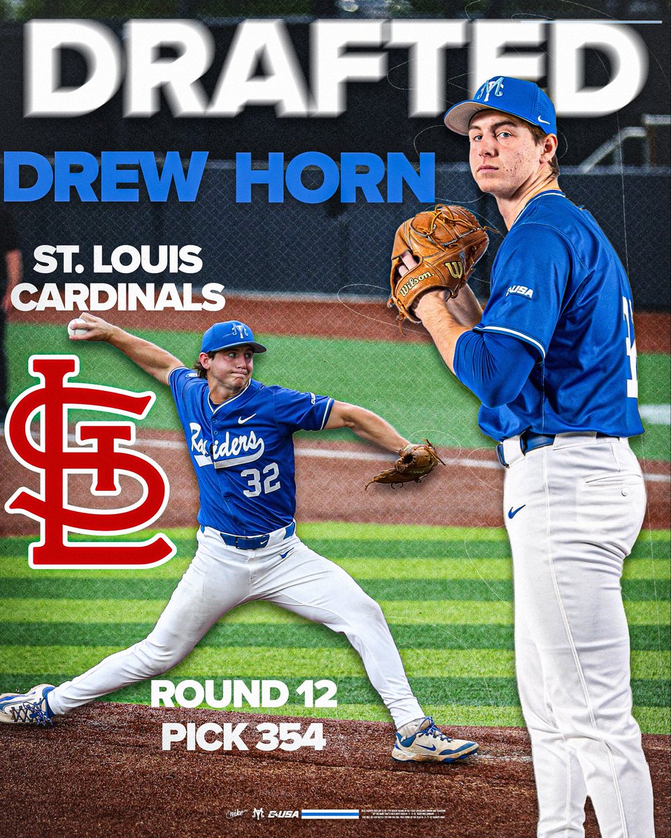 MT_Baseball's tweet photo. Drew’s Busch bound🔥

Congratulations to RHP Drew Horn (@DrewHorn17) on being selected by the St. Louis Cardinals with the 354th pick of the 2026 MLB Draft.

#BLUEnited | #BlueCrew https://t.co/mflpELa7IG