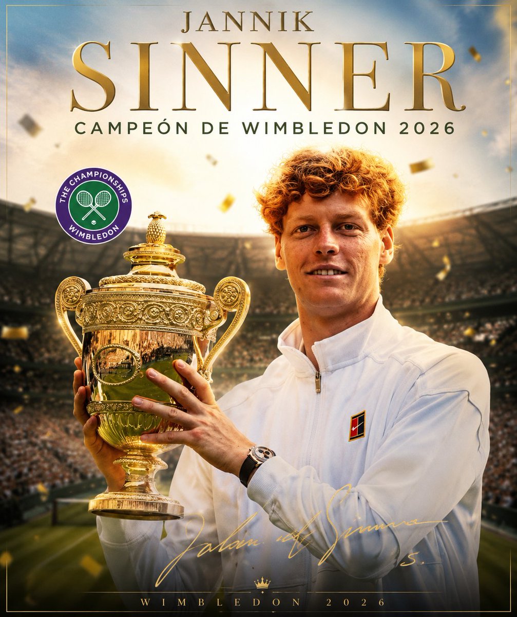 MARPAD66's tweet photo. CONQUISTA SINNER SU QUINTO TITULO DE GRAND SLAM

El número uno del mundo Jannik Sinner revalidó su corona en el All England Club al derrotar a Alexander Zverev en la final de Wimbledon 2026.
El italiano se impuso por 6-7(7), 7-6(2), 6-3 y 6-4 en tres horas y 47 minutos, logrando así su quinto título de Grand Slam.