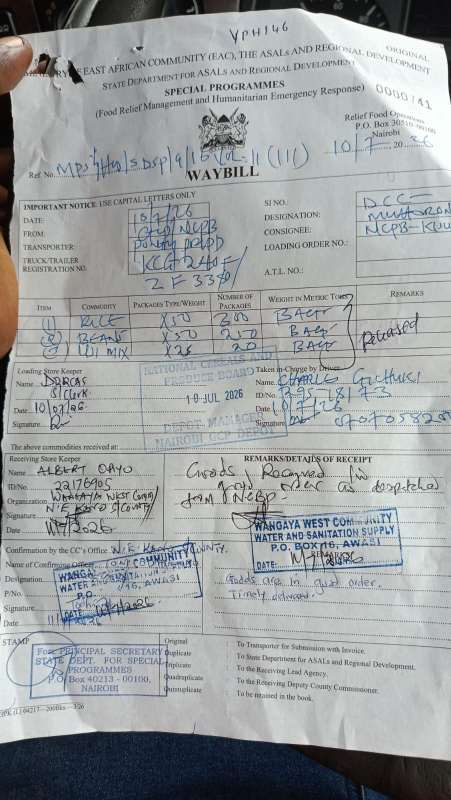 NyakundiReport's tweet photo. Government food intended for Muhoroni residents was stolen and taken to the home of Gladys Wanga's father (Ka Nyasuna) in Ngere Kagoro. 

Police have gone there to pick them up now. 

Food items meant for DCC Muhoroni were offloaded today at   Nyasuna's place.

They used the Wangaya West community water and sanitation office to receive the consignment.

A member of the CBO is not aware of the named person, Albert, who signed them on behalf of CBO.
