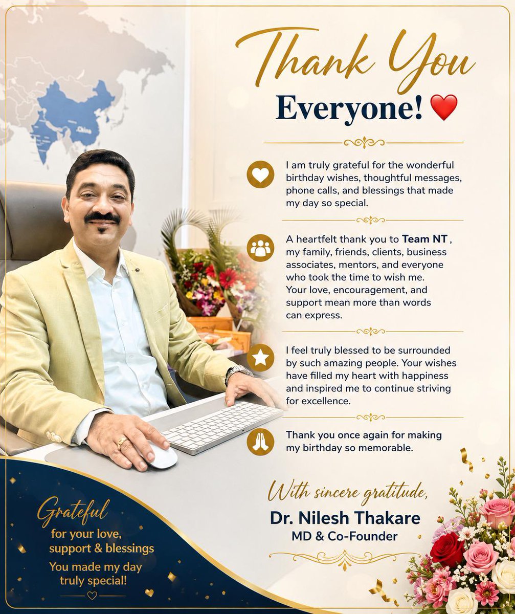 ntitconsultancy's tweet photo. Thank You Everyone! ❤️

I am truly grateful for the wonderful birthday wishes, thoughtful messages, phone calls, and blessings that made my day so special. https://t.co/4iu5MwvaZh