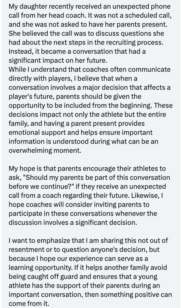 ImYouthSoccer's tweet photo. 🚨A heart felt ❤️ DM from a sports mom who's 2027 daughter unexpectedly got her Power 4 offer pulled to try to help others. Do you think the coaches should have asked for the parents to be involved? https://t.co/pr5Vd9LDH7