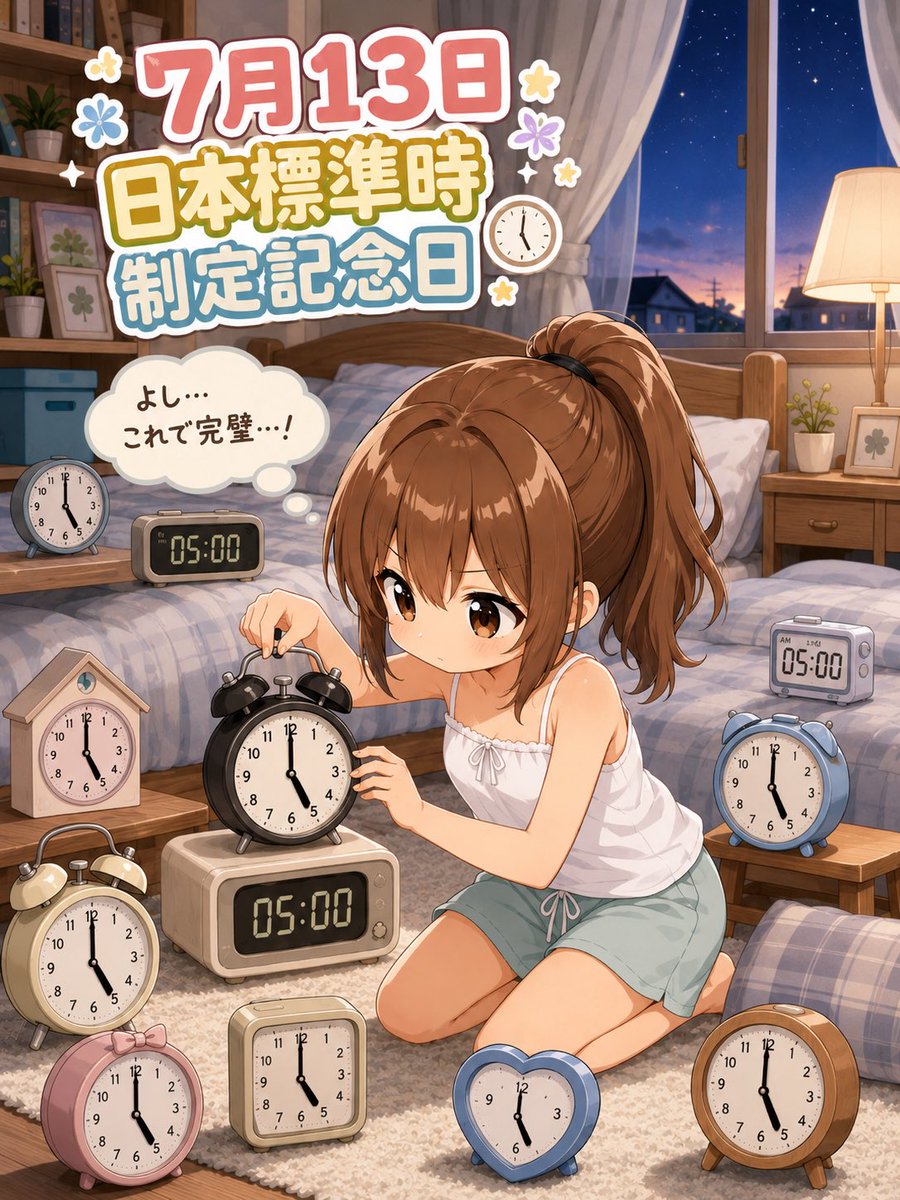 yasaisan36625's tweet photo. 朝ですよ〜☀️🌱
おはようございます☀️

本日は7月13日⏰
#日本標準時制定記念日 です✨

朝5時に起きるため、
たくさんの目覚まし時計を準備した名無しちゃん。

時刻も全部そろえて、これで完璧なのですっ！٩(ˊᗜˋ*)و

そして迎えた朝――

部屋中で目覚ましが鳴り響く中、
名無しちゃんは気持ちよさそうに熟睡しておりました😴

メイドさんの怒りだけは、
しっかり目覚めているみたいですꉂ🤣𐤔

月曜日ですね🌸
今週も無理せず、自分のペースで頑張っていきましょう〜☕️✨

皆様も素敵な一日をお過ごし下さい🍀

#名無しちゃん
#AIアート

今日の朝と昼は、リプ欄閉じますね😌