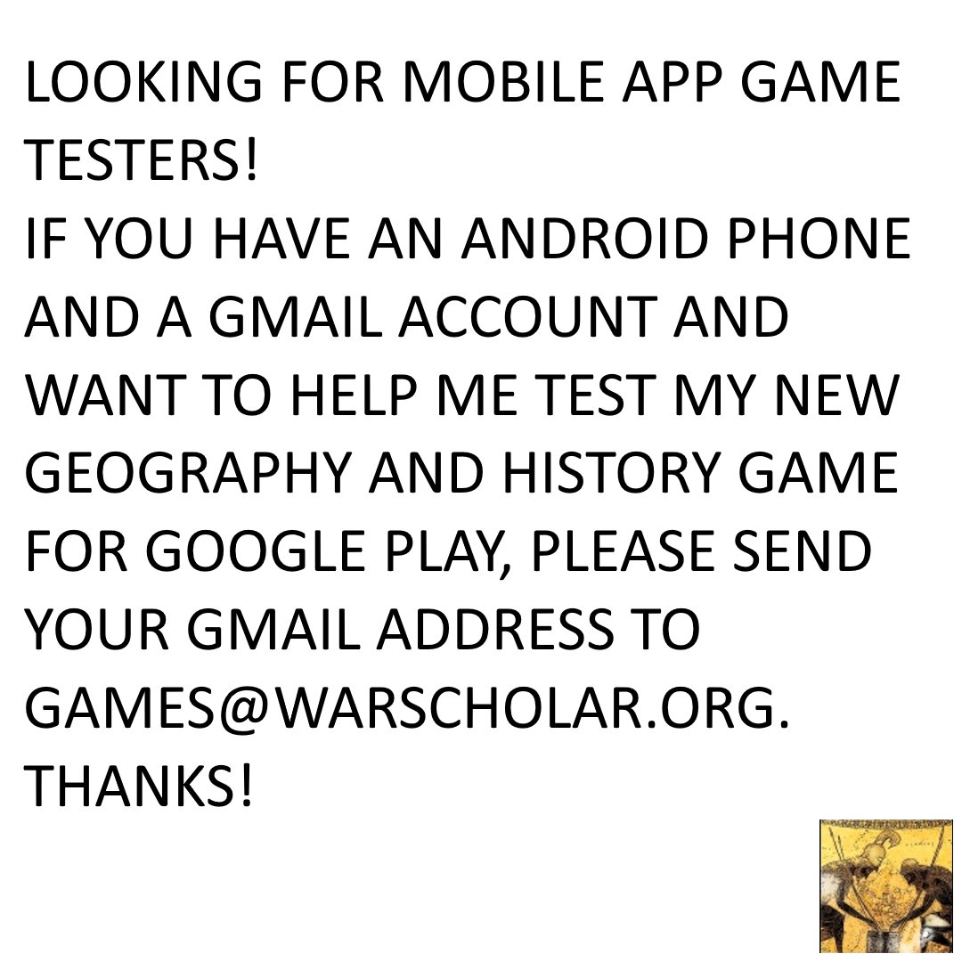 Warscholar's tweet photo. I can provide additional details and information if you send an email. I’ll send a link that let’s you open and beta test the app through Google Play.
#historygame #geographygame #googlplay #Betatester #gametester https://t.co/ePPDgArps6