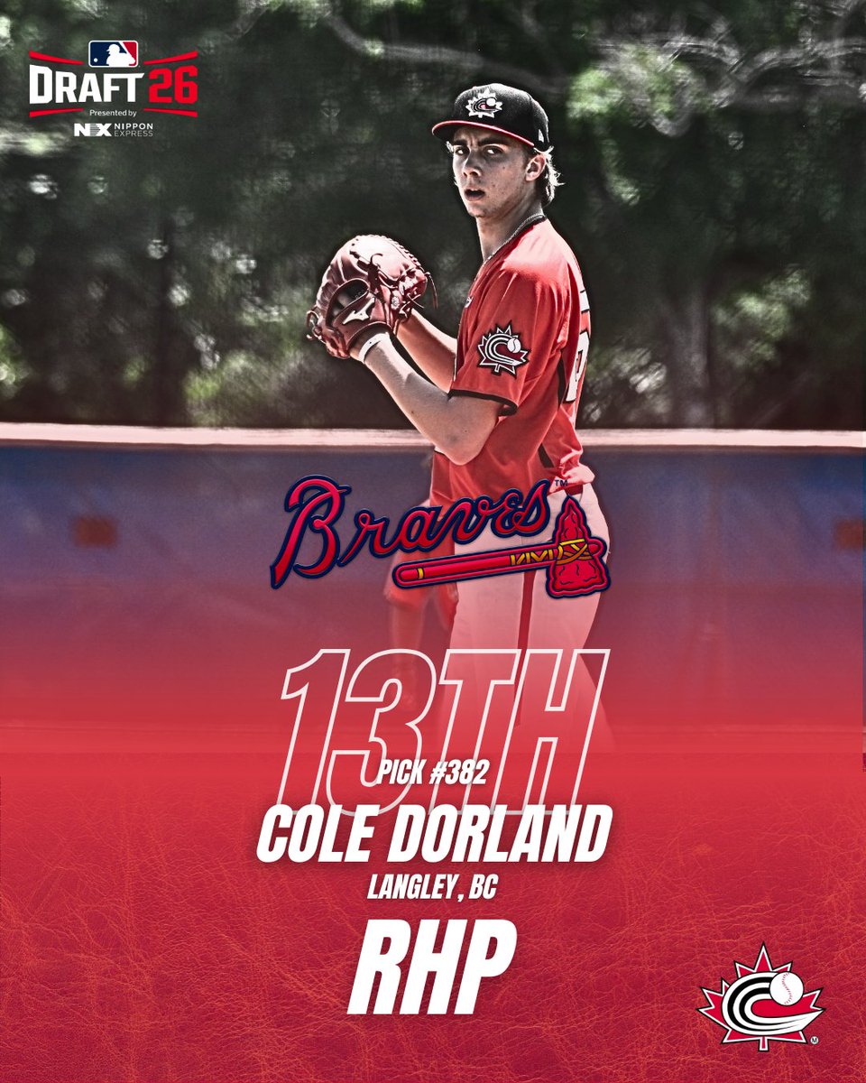 baseballcanada's tweet photo. Congratulations to Junior National Team's Cole Dorland (Langley, BC) on being selected by the @Braves in the 13th round, 382 overall, of the 2026 MLB Draft.
#BaseballCanada | #MLBDraft https://t.co/jiUgo8qzFt