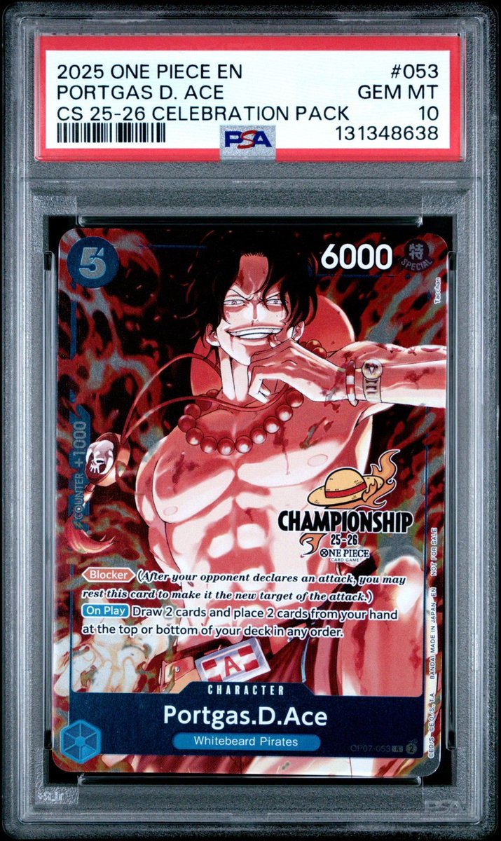 OnePieceAlert's tweet photo. 2025 ONE PIECE CS 25-26 CELEBRATION PACK OP07-053 PORTGAS D ACE PROMO PSA 10

Price: $249.95 USD

Sold: 12-16-2025

eBay: gewdtcg

#OnePieceTCG #OPTG #onepiece #optcg https://t.co/rfwhEolBAm