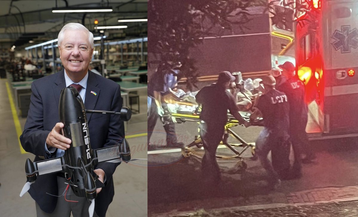 Mrgunsngear's tweet photo. On the left is an image of SEN Lindsey Graham in Ukraine at a drone factory on Friday & on the right is reportedly an image of him being transported from his DC condo to the George Washington University Hospital last night where he was pronounced dead.     

The photo on the right appears to show a Lucas device in use which lines up with the reports that he suffered a heart attack & cardiac risk is always elevated following long flights.

President Trump has ordered flags to half mast and stated SEN Graham was “a true American Patriot.”

#SC #ukraine #drone #LindseyGraham #LucasDevice #DC