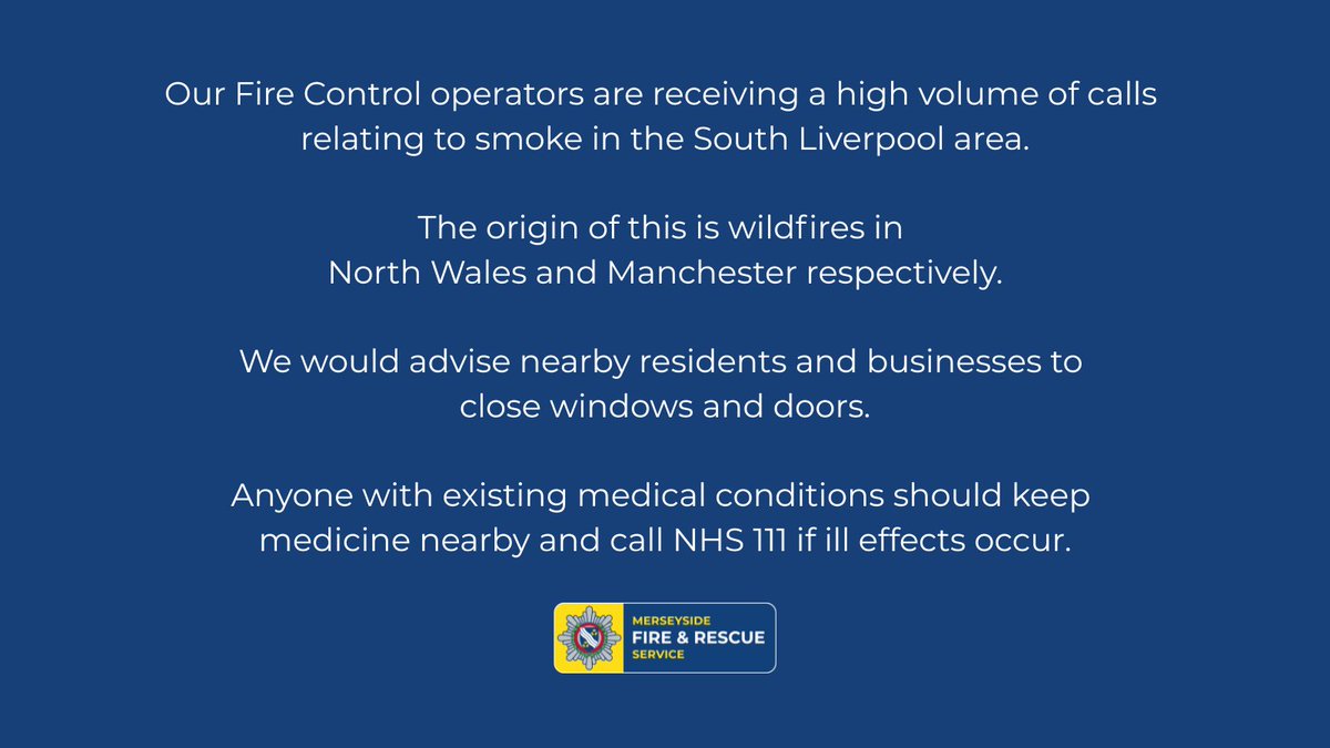 MerseyFire's tweet photo. Anyone with existing medical conditions should keep medicine nearby and call NHS 111 if ill effects occur. https://t.co/zs8ghIiSJm