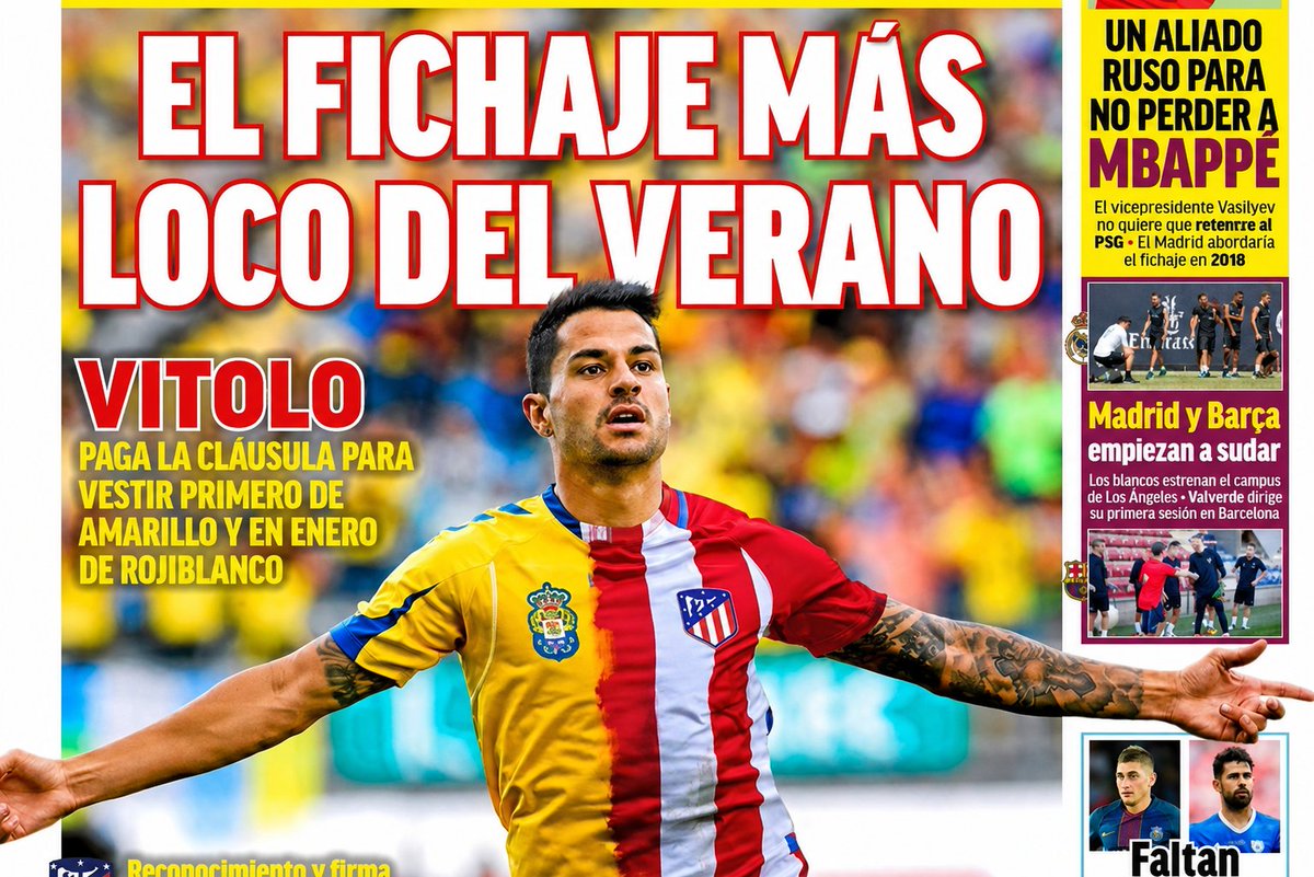 BenditalocuraAt's tweet photo. #TalDiaComoHoy de hace 9 años (12.7.2017) el Atleti pagó la cláusula de rescisión de Vitolo en medio de una gran tormenta con el Sevilla. Luego jugó la 1ª vuelta con la UD Las Palmas y la 2ª ya en el Atleti, donde llegó a 101 partidos (7 ⚽). Imagen: @marca https://t.co/9X6vdbwgti