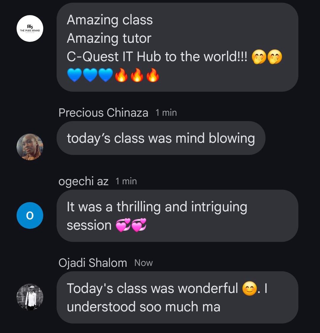 cquestithub's tweet photo. 🚨Classes are ongoing for C-Quest Tech scholarship Cohort 5.0.  

The reviews say it all. 

⚠️Application is still ongoing for Cohort 6.0. 
https://t.co/wN8MkvFHW5

#CQuestITHub #Techscholarship #Techskills #Digitalskills #Reviews https://t.co/69CdhStsaz