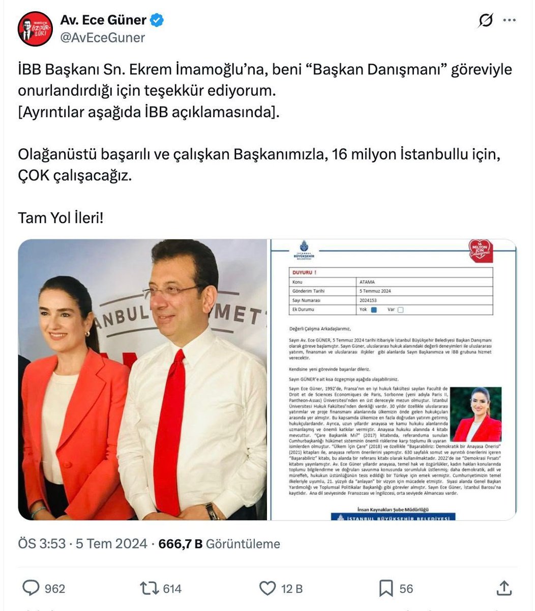 zekibahce's tweet photo. AHBAP ÇAVUŞ İLİŞKİSİ GENİŞLİYOR...

📍Ece Güner Hakkında gözaltı kararı verildi..

Ahbap derneğine yönelik yürüttüğü soruşturma kapsamında Haluk Levent’in danışmanı olan ve çok sayıda yüksek tutarlı para trafiği tespit edilen Avukat Ece Güner hakkında gözaltı kararı verildi. 

Ece Güner’in tutuklu bulunan Ekrem İmamoğlu’nun da İBB’de danışmanı olduğu öğrenildi.