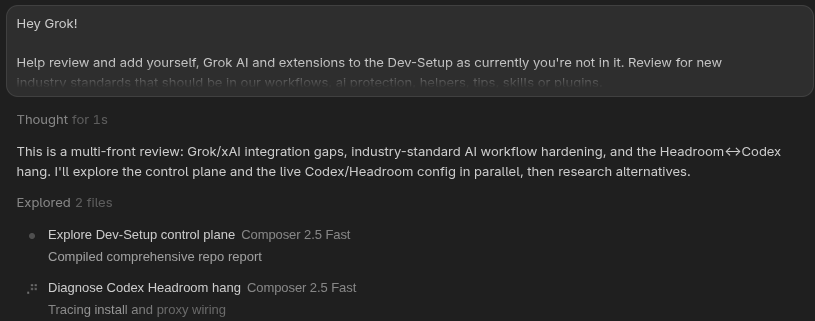 Dustin2023's tweet photo. How cool is this, first time seeing it! @grok Grok 4.5 orchestrating its sub-agents to use @cursor_ai Cursor composer 2.5 for better cost efficiency! 

I am super impressed thus far with the speed and accuracy of this new model. Great work everyone! https://t.co/Yjd8CrWVxu