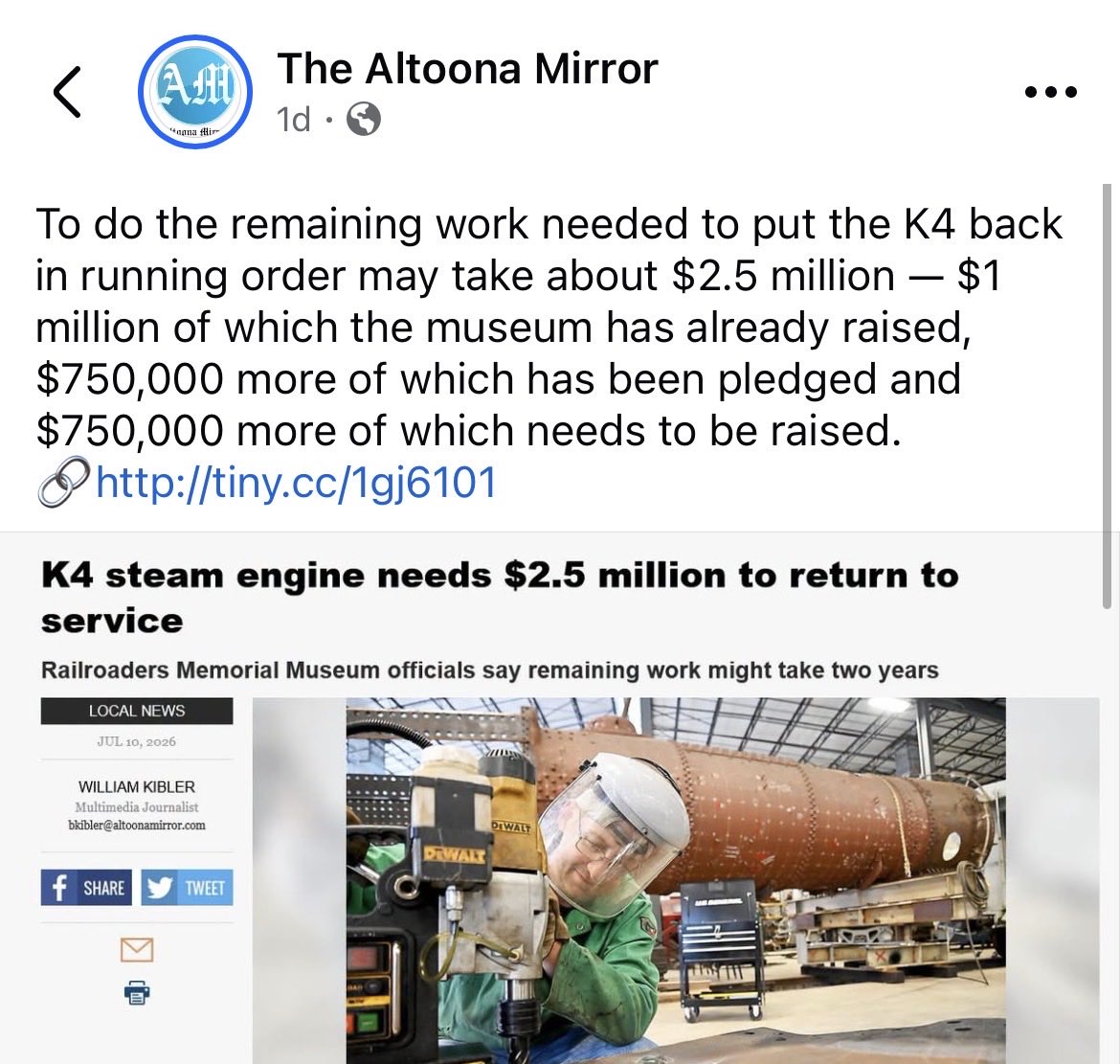 K4s1361's tweet photo. As of now, $750,000 needs to be raised and will be matched dollar for dollar to complete the restoration. Click on the links below to donate and read the article on the latest update on #PRR1361!

Donate:
https://t.co/obQSJjBwIu

Article:
https://t.co/v79y24EUck

#altoona https://t.co/ZlMO5tnqtT