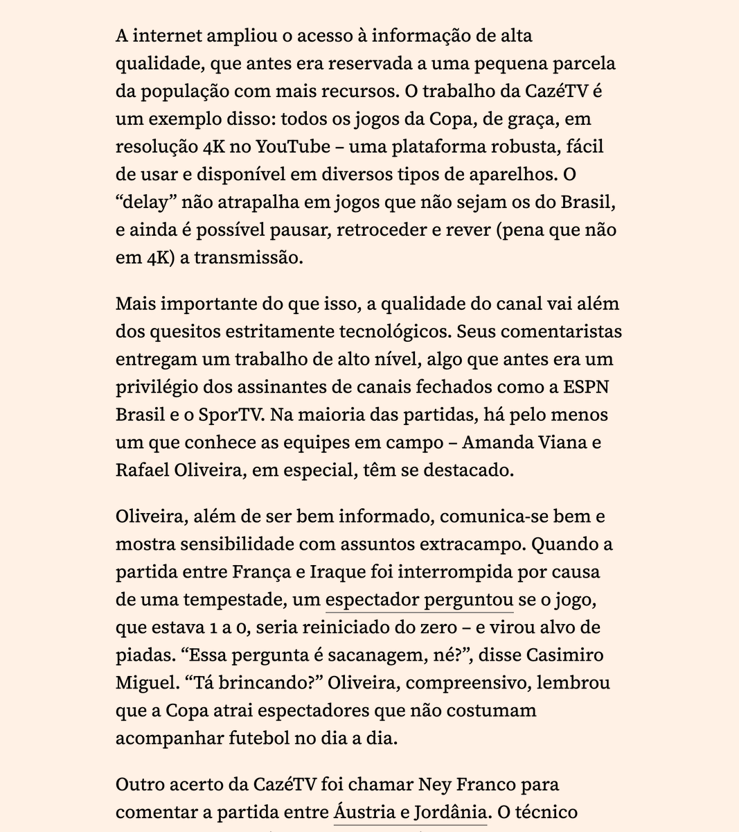 NB4_org's tweet photo. A transmissão da Copa do Mundo 2026 pela CazéTV é uma síntese do melhor e do pior que a internet nos oferece.

O canal democratizou o acesso à informação de qualidade e elevou o padrão de transmissão a um nível antes restrito à TV paga. ⬇️ https://t.co/MAHSYYsqVZ