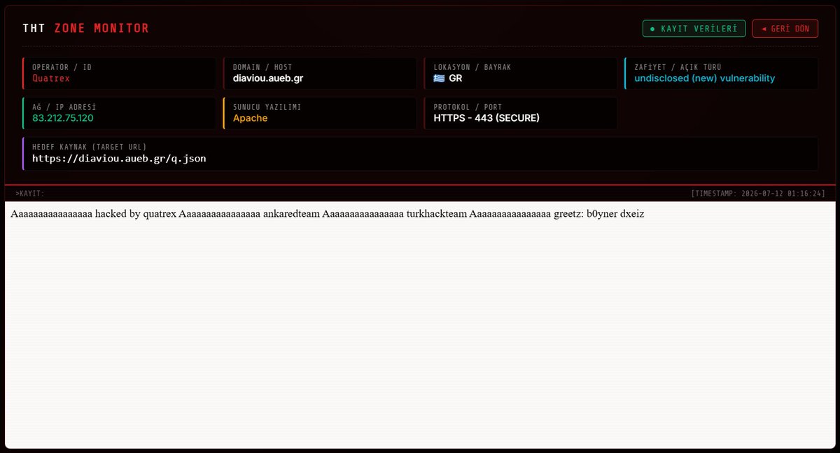 ankaredofficial's tweet photo. 🇬🇷 https://t.co/f5dz8UmhXX The University of Athens, the Capital of Greece, was Hacked by Anka Red Team!

Forum link: https://t.co/ve4d2fNDPu

Zone link: https://t.co/tPBNHXv7VD

#AnkaTeam #TurkHackTeam #Hack #Deface #TurkishHacker

@VECERTRadar @DarkWebInformer @ido_cohen2 https://t.co/5bPZrQMcqA