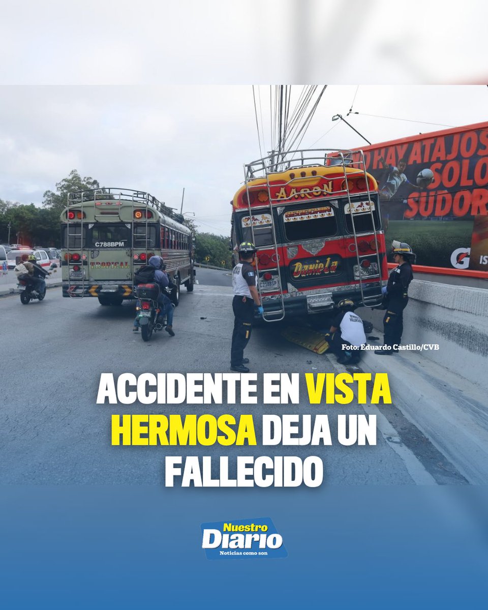 NuestroDiario's tweet photo. 🚨 ACCIDENTE EN VISTA HERMOSA DEJA UN FALLECIDO 🚨

Un pasajero de un bus extraurbano falleció tras un accidente registrado sobre el Trébol de Vista Hermosa, zona 15. Según revela un video de la colisión, un automóvil habría impactado contra la unidad, provocando que el piloto perdiera el control.

Las autoridades realizan las investigaciones para establecer las causas del percance. 

#NuestroDiario, noticias como son. 📰
#SucesosND #TránsitoND