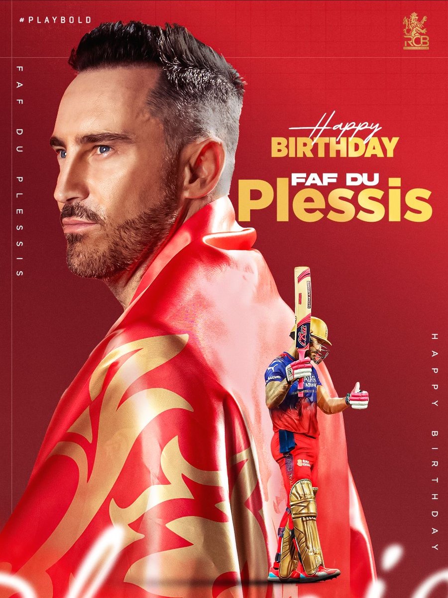 RCBTweets's tweet photo. Calm under pressure. Always leading from the front. 🫡❤️

Happy birthday to our 𝑭𝒂𝒇-𝒖𝒍𝒐𝒖𝒔 former captain, a fearless batter, a gun fielder and a complete star. Have a great one, old friend! 🎂🥳

#PlayBold #ನಮ್ಮRCB | @faf1307 https://t.co/eyqJt1w0rb