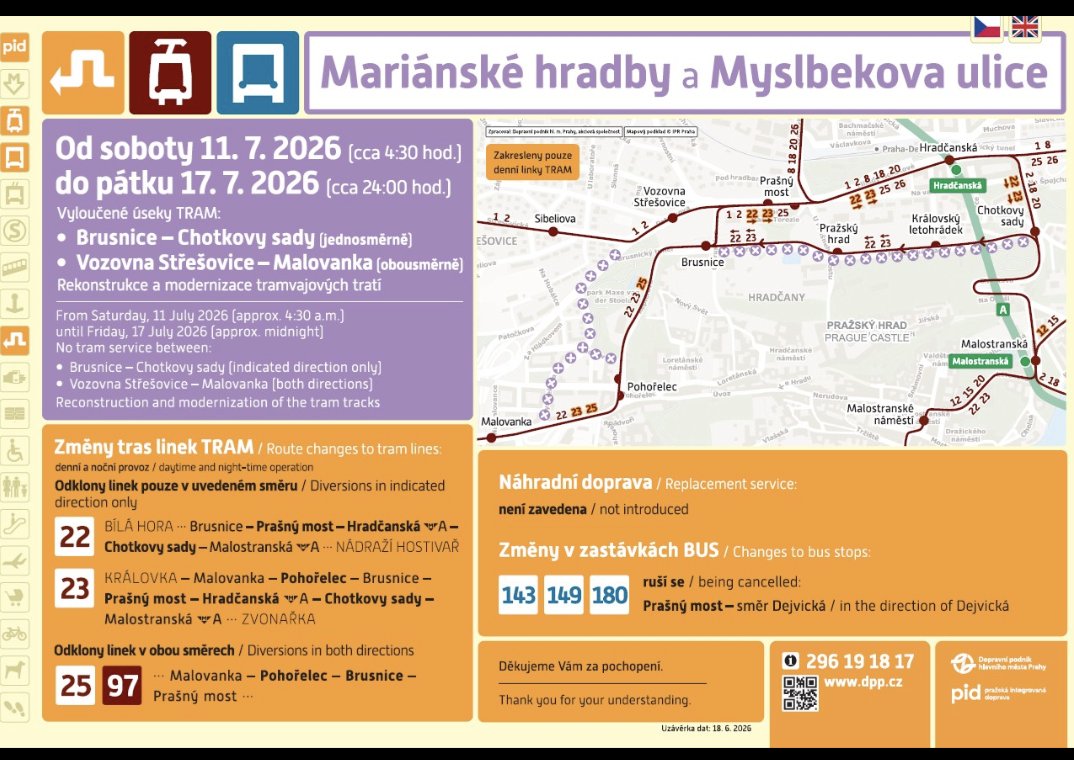 hedvikaduchan's tweet photo. プラハ城最寄りのトラム下車駅の1つ、Pražský hradを通るトラム22.23番、7月17日まで一方通行での運行との事です。
プラハ城にトラムで行かれる予定の方、ご注意ください。
#プラハ 
#プラハ城 
#プラハ城観光 
#プラハ旅行中 
#チェコ旅行中 
#ヨーロッパ旅行中 
#プラハ交通機関 https://t.co/AcwJO13Vwu
