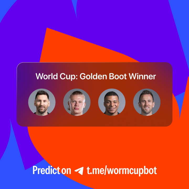 wormwtf's tweet photo. the two biggest questions of the World Cup 👇

🏆 who lifts the trophy? 
👟 who wins the Golden Boot?

call them both on Worm Cup - our free prediction game on Telegram. 

$200K in prizes on the line this tournament 🪱

https://t.co/ugSpnarkSU