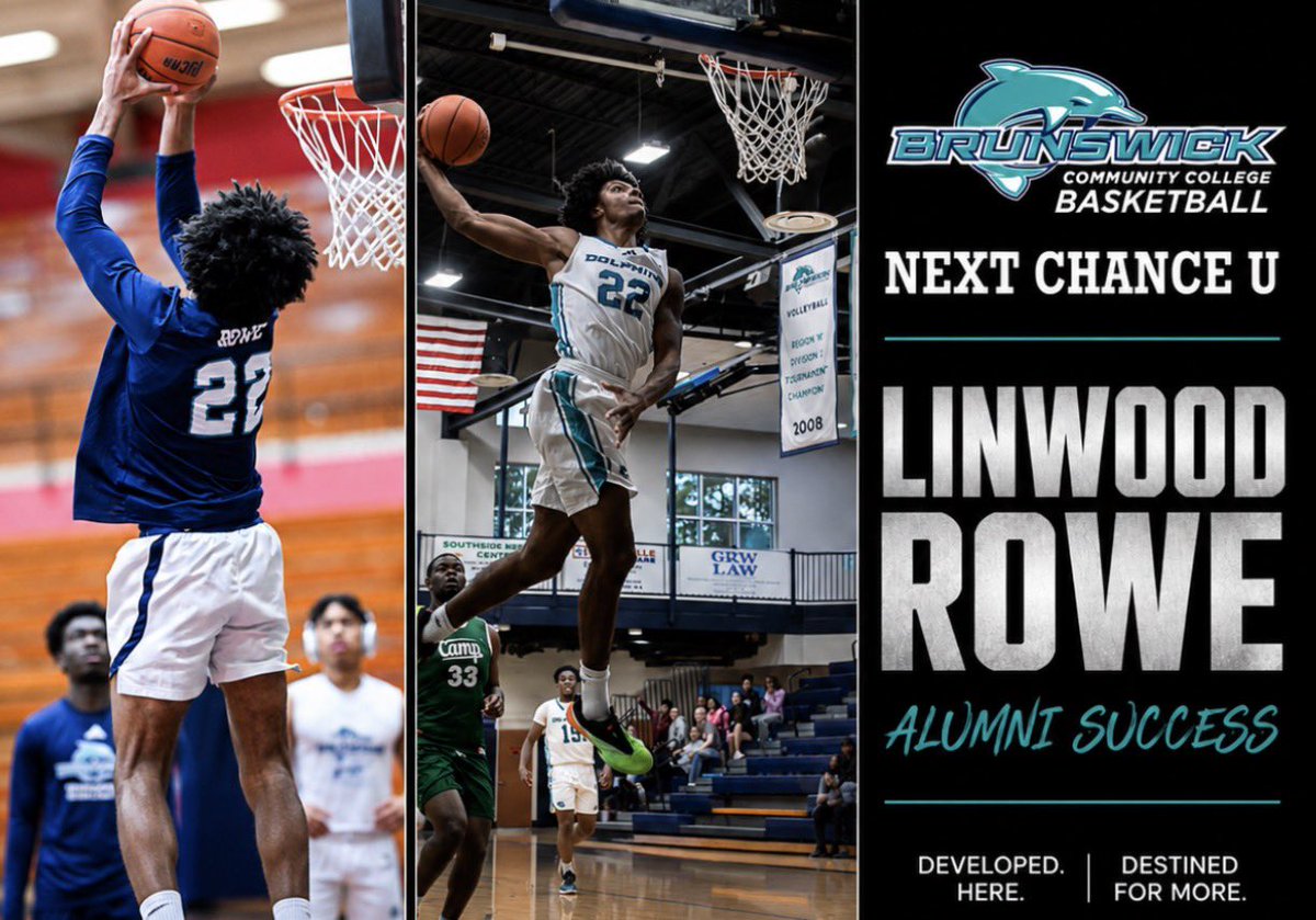 BrunswickCC_MBB's tweet photo. PUTTING ON FOR NEXT CHANCE U! 🚨🐬 Class of 26 Alum @LinwoodRowe3 posted a 43.5" vertical during Day 1 testing at @LATechHoops! He jumps and hits his head on the rim for fun and it gets even higher during the season. Bulldog fans, get ready! 🔥 #BccDolphinsFlying #BccNextChanceU https://t.co/N6oy3gcCgH