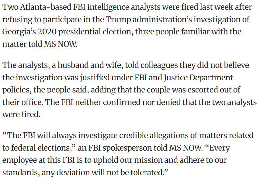 TheWarMonitor's tweet photo. Two FBI intelligence analysts based in Atlanta were dismissed last week after declining to take part in the Trump administration's investigation into Georgia's 2020 election because they believed the probe was not justified under FBI or DOJ policies. https://t.co/6PKgofnj8x