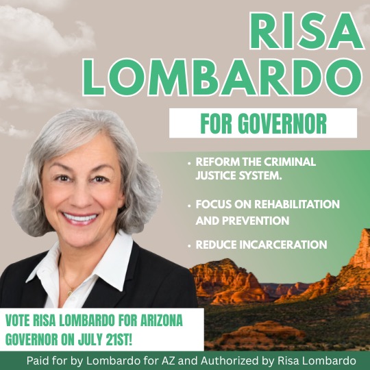 RisaLombardo's tweet photo. ‼️Arizona is too focused on incarceration and often ignores rehabilitation and prevention. Our criminal justice system is overly punitive, and racially and economically biased. This needs to CHANGE!

As the Governor of Arizona, I will fight to reform our broken criminal justice system. Vote Risa Lombardo, Green Party candidate for Governor!