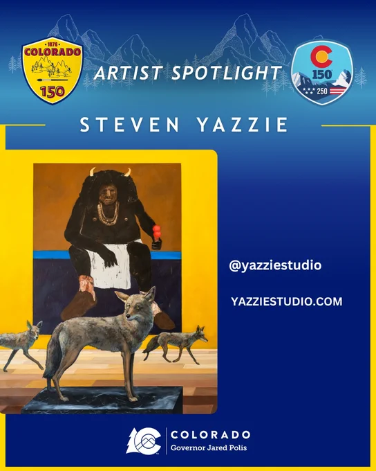 Painting of a Native American figure with a headdress sitting behind three coyotes, showcasing Steven Yazzie's artwork in Colorado's artist spotlight.