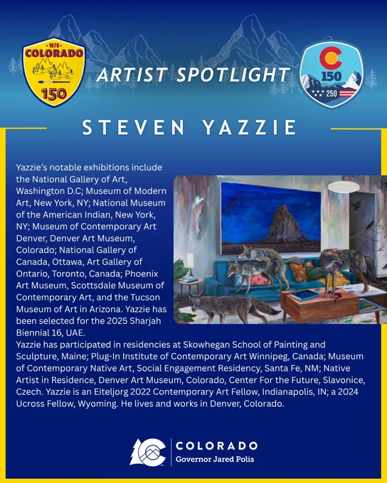 Blue promotional poster highlighting artist Steven Yazzie with a list of his exhibitions and residencies alongside a photo of his studio and artworks.