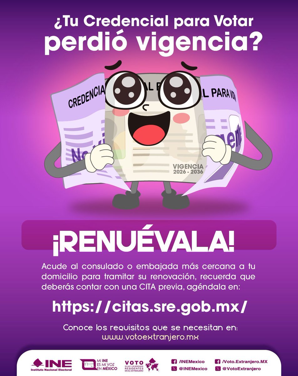 ConsulmexNB's tweet photo. 🌎Si tramitaste tu Credencial para Votar desde el Extranjero en 2016, ¡Es tiempo de renovarla, es muy fácil! 🗳

#VotoExtranjero #INEMéxico https://t.co/j7nFaxKVKD