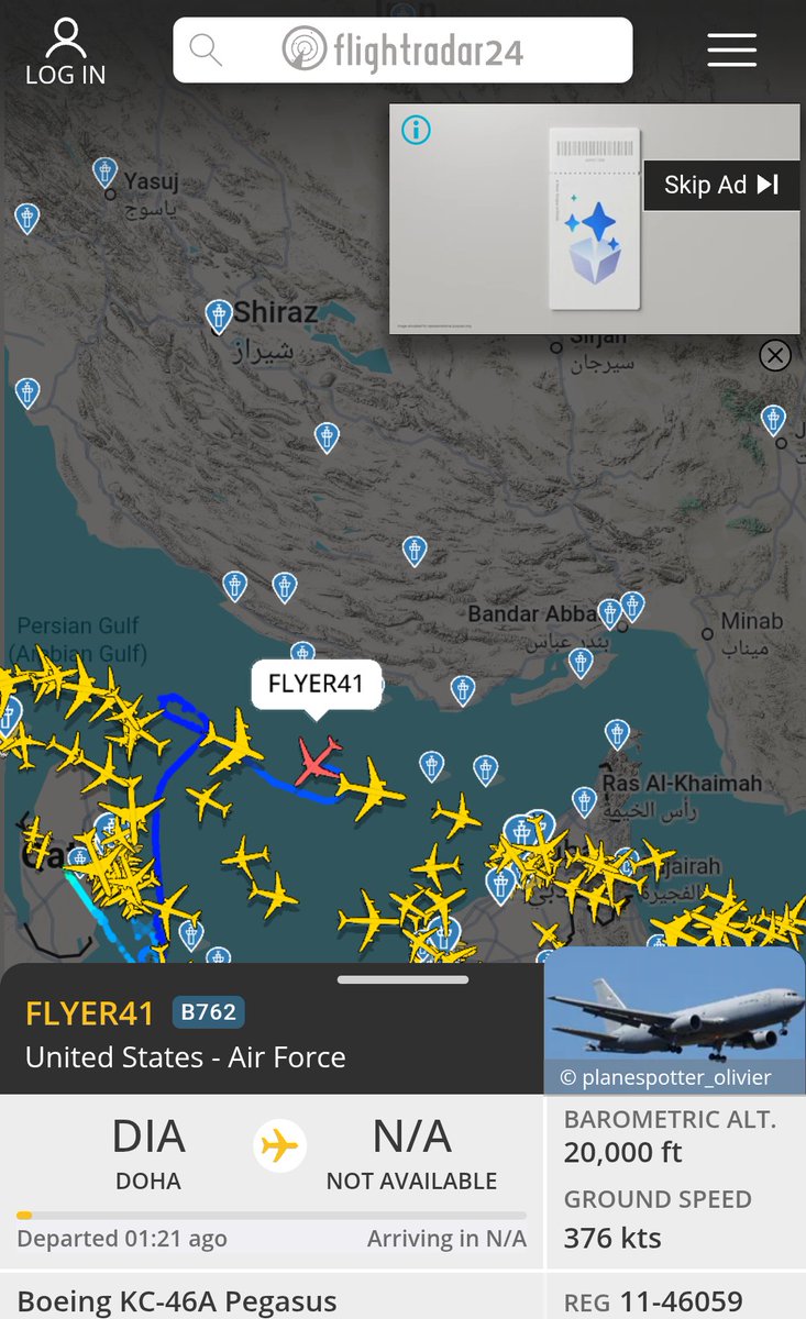 geopolitics010's tweet photo. 🚨 DEVELOPING: 

U.S. AIR FORCE KC-46A SPOTTED OVER PERSIAN GULF
USAF Boeing KC-46A Pegasus aerial refuelling tanker, callsign FLYER41, tracked after departing Doha and operating over the Persian Gulf.

The KC-46A is primarily used for aerial refuelling operations.

Source: Flightradar24

#USAF #PersianGulf #MilitaryAviation #Geopolitics