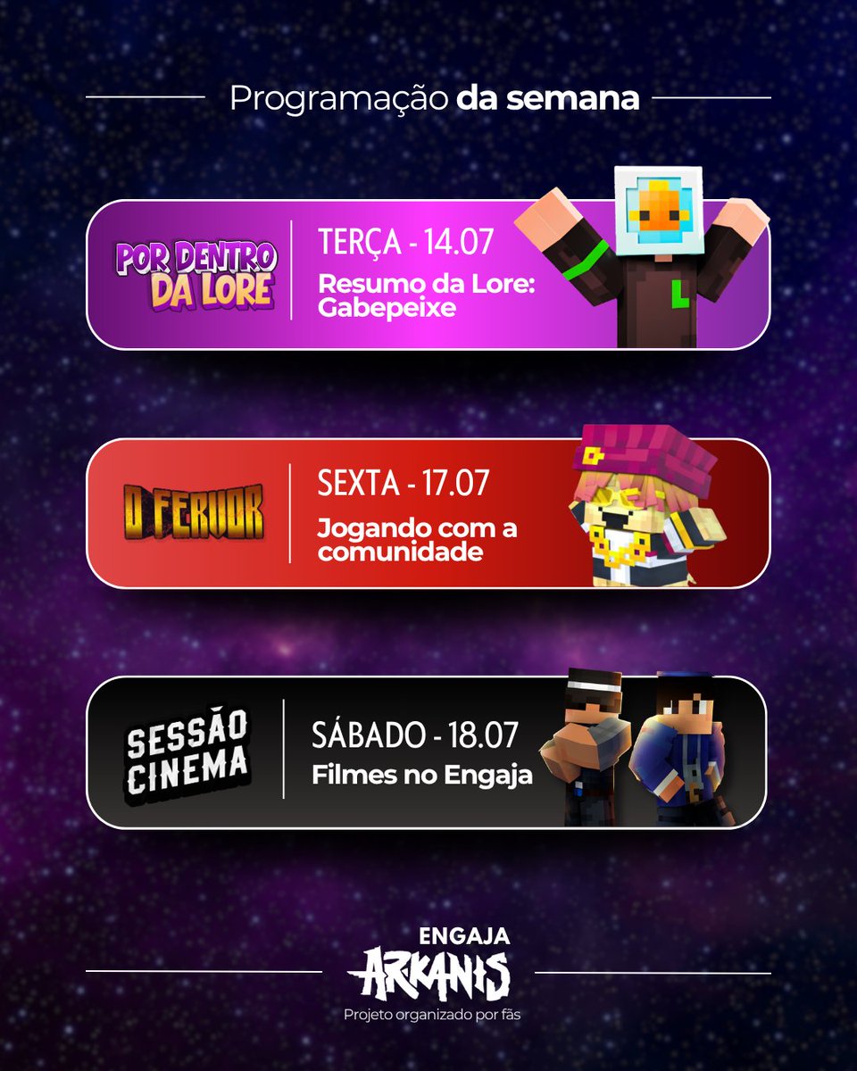 EngajaArkanis's tweet photo. 🚨Cronograma da semana do Engaja Arkanis!  

🐟14.07 - Resumo da Lore: Gabepeixe
🎮17.07 - Jogando com a comunidade  
🎬18.07 - Sessão cinema no Engaja

📌 Entre no Discord: https://t.co/fm31L4jOAq 
📑Inscreva-se no formulário: https://t.co/te6DnSCiqU 

#Arkanis #EngajaArkanis https://t.co/hYDgrJDNdb