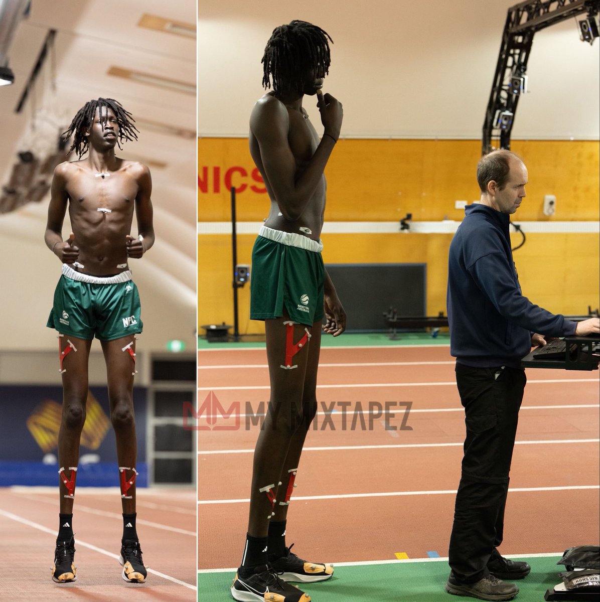 mymixtapez's tweet photo. This is Jongkuch "JK" Mach, a highly touted Australian basketball player of South Sudanese descent.

The photograph captures him undergoing motion-capture biomechanical tracking at the Basketball Australia Centre of Excellence, based at the Australian Institute of Sport (AIS). https://t.co/jz1AE2HMou