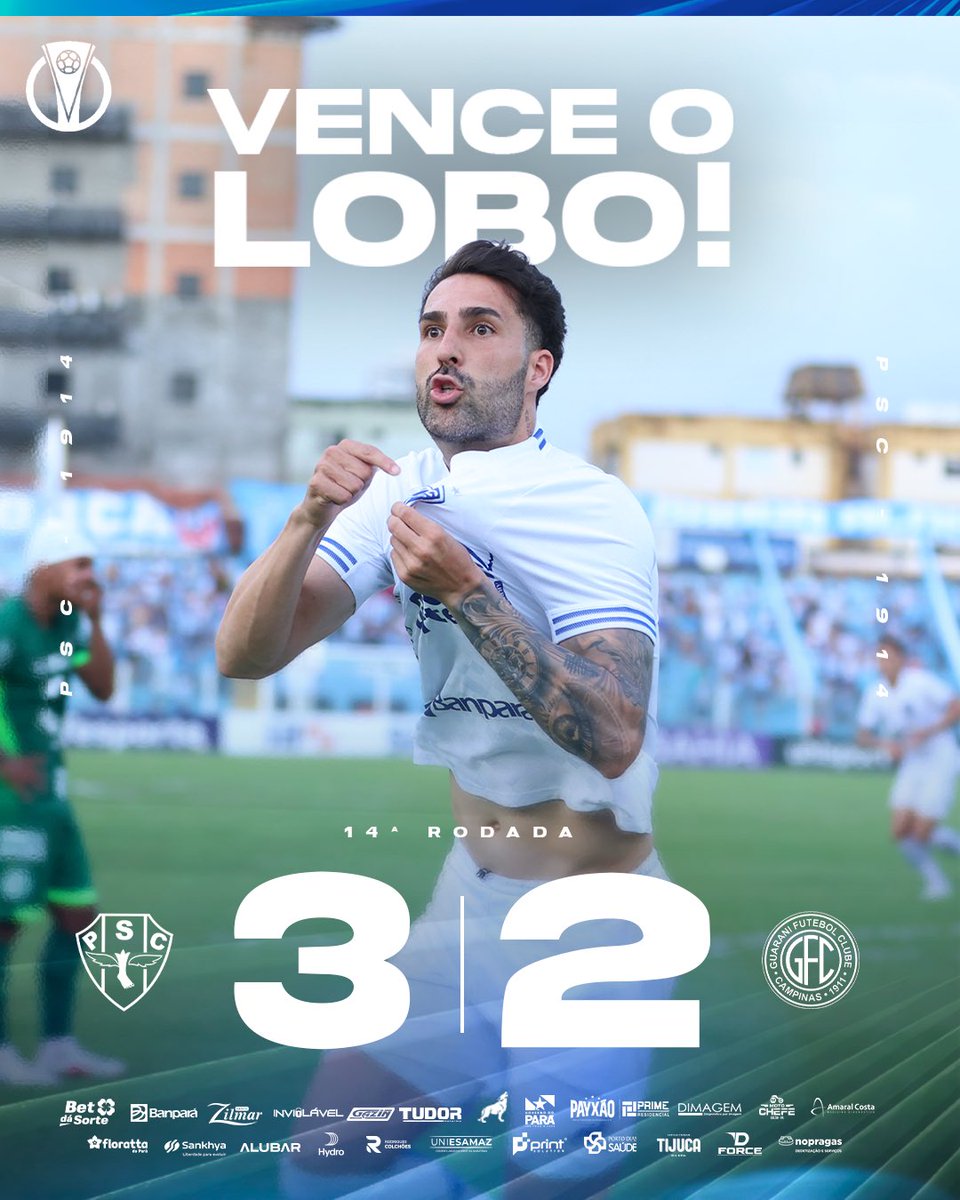 Paysandu's tweet photo. FIIIIIIIIIIMMMM DEEEEEE  JOOOOOOGOOOOO!!!!! VENCEEEEEEEEEE O LOBOOOOOOOOOOOOOO

🏆 Série C - 14ª rodada 
🆚 Paysandu 3x2 Guarani 
⚽️ Luciano Taboca
⚽️ Italo  
⚽️ Bruno Bispo 

#VamosPaysandu https://t.co/blFARcwBBe