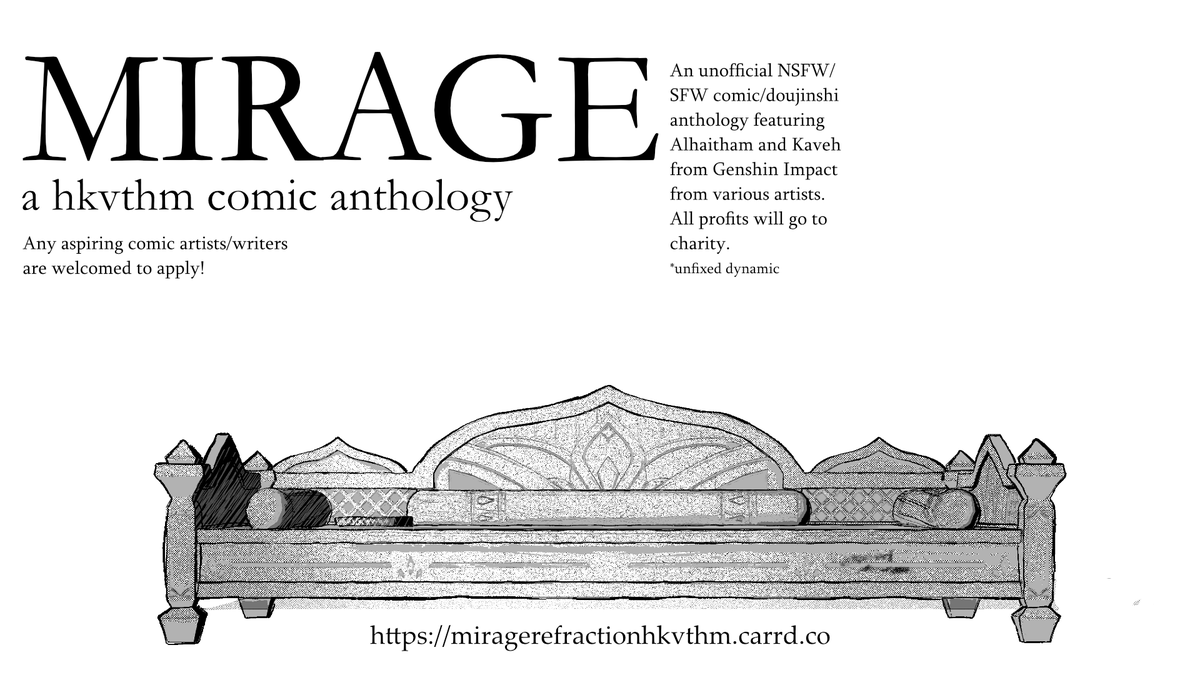 miragehkvthm's tweet photo. Applications has already been opened for MIRAGE, a comic anthology. Soft closing for apps due July 18, and a hard close on July 24.

If you love Alhaitham and Kaveh, please consider applying! Thank you! https://t.co/s0LjynnpFW
