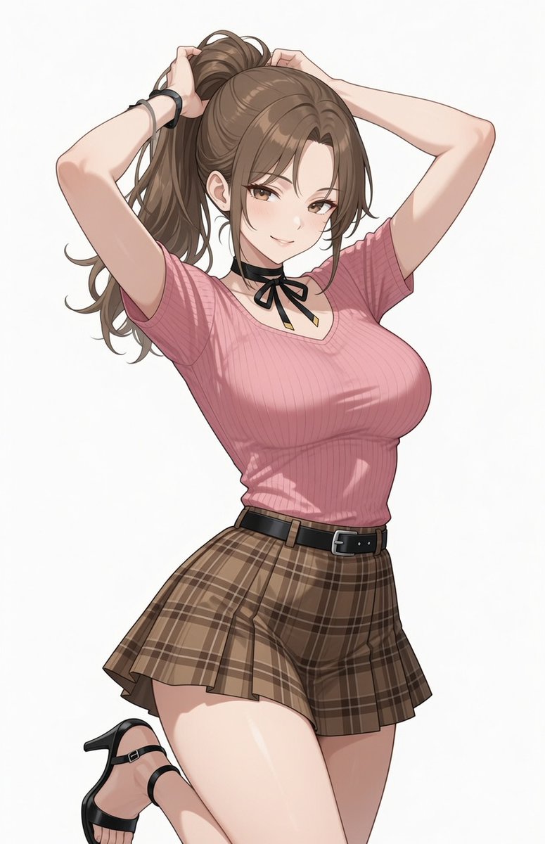 hagamight's tweet photo. 衣装プロンプト
pink ribbed short-sleeve crop top with scoop neckline, black ribbon bow choker necklace, brown and tan plaid pleated mini skirt with black leather belt and silver buckle, black strappy high-heel sandals, https://t.co/kgjtE3uaxP
