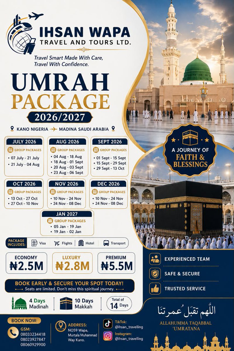 36_Diiamond's tweet photo. Hello Monday 🤑
Answer the call to the House of Allah. 🤲🕋
Secure your 2026/2027 Umrah with Ihsan Wapa Travel &amp; Tours Ltd.
Visa ✈️ Flights 🏨 Hotel 🚍 Transport — all included.
Book early. Limited seats! #Umrah2026 #Umrah2027 #HajjAndUmrah https://t.co/vKMdW2lw5t