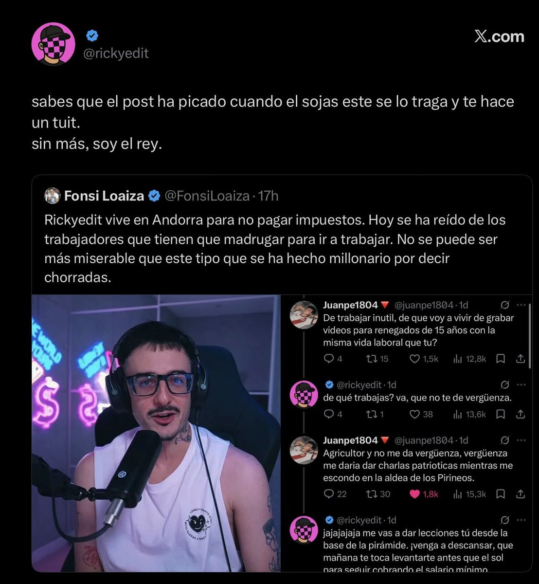 ByRuben5_'s tweet photo. No, Rickyedit, no eres un rey, no eres gracioso, no eres Ragebaiter. Eres un puto anormal que se va riendo de los demás, y cuando lo ponen en su lugar, saca la típica de "era broma, era bait", "para el locas de Twitter".

Yo sinceramente me cago en tus putos muertos. https://t.co/I2ZBI62mz3