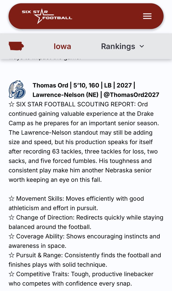 ThomasOrd2027's tweet photo. Thanks @sixstarfootball for the write up! Gained a lot of experience during summer camp season and can’t wait to apply it this season. 
@CoachSipple @CoachRethman @CoachBresBVU @CoachAnt29 @CoachBMoser @CoachSturdivan1 @FreySterling @coachmcquillan @hvo_o @PRCoachBrim @NE8manFB @NEBHSFB @PrepRedzoneNE @RaiderCoachB @NENextt