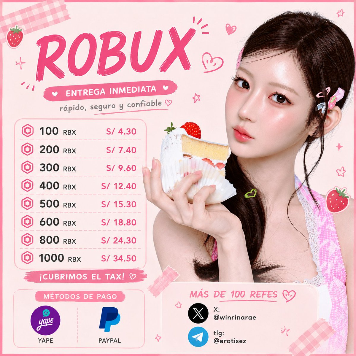 winrinarae's tweet photo. 𝗖𝗛𝗘𝗥𝗥𝗜𝗘𝗦𝗧𝗥  🛒
¡Regresamos con stock renovado de cuentas y ahora robux ! ✦
Atención rápida, entregas seguras y precios accesibles. 

— contacto: @erotisez (tlg) o dm.
— referencias: https://t.co/vHnuXItXPC… https://t.co/sMXvxYSIXv