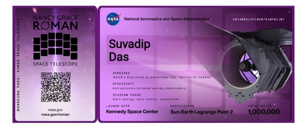 tweetsuva's tweet photo. "I’ve joined NASA's campaign to send my name to space aboard the Nancy Grace Roman Space Telescope! Thrilled to be a part of this mission. 🚀✨

#NASA #RomanSpaceTelescope #SpaceExploration

@NASAKennedy @LearnWithNASA @NASA @NASAEarth https://t.co/GolzET9F0R
