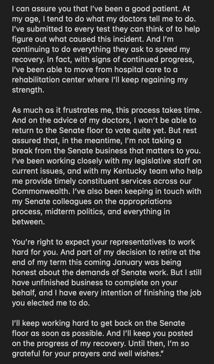 Phil_Lewis_'s tweet photo. Mitch McConnell has released a photo and the first statement on his condition:

"I was briefly unconscious and was taken to the hospital. While receiving excellent care over the past several weeks, I’ve also had to deal with a mild case of pneumonia." https://t.co/hsLqBgwhmE