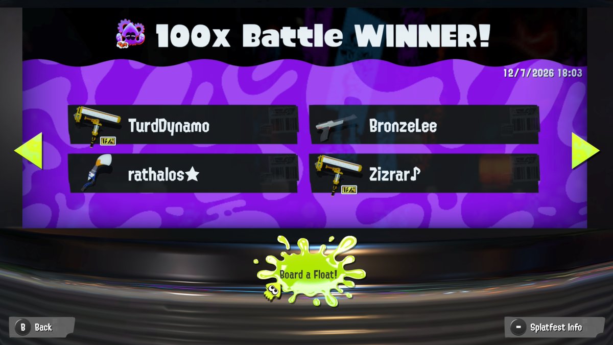 bronzelee91's tweet photo. Quite a Tactical return to the show, and just in time for Splatoon Raiders.

Team: Tactics
Rank: Ruler
Clout: 337576
Tri-color: N/A
Fest Shells: 4 (total earned, finishing on two)
Weapons: Tentatek, N-Zap '85, Splat Pro FRZ-N, Inkline Tri-Stringer

Bonus: A 100X Battle victory https://t.co/exIvEJrbo9
