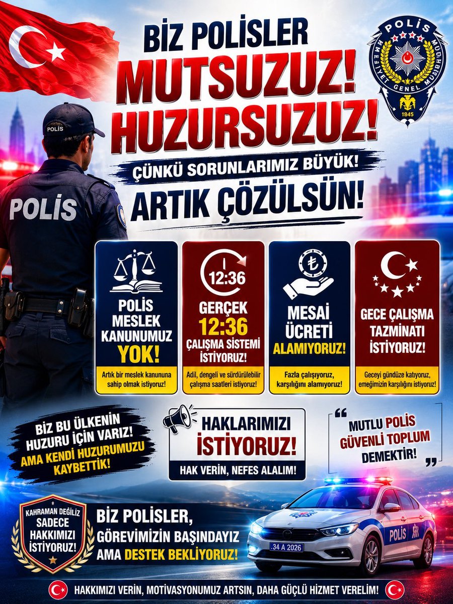 Birpls1's tweet photo. Polisler olarak ;

📌 Haftalık 40 saat mesai

📌 Ek mesai ücreti 

📌 Gece ve tatil günleri mesai farkı 

📌 Esnek görev saatleri

📌 Görevin taşıdığı riskle orantılı şekilde maaş artışı 

📌 Kıdeme göre artan tazminat 

📌 Güçlü sendikal yapı 

📌 Şeffaf ve denetlenebilir bir yönetim

📌 Güçlü bir emeklilik sistemi istiyoruz...

#PolisYineMiBekleyecek