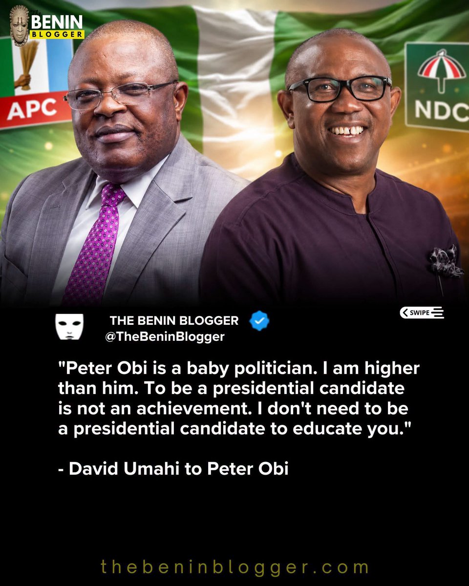 HonestNarrativ's tweet photo. "Peter Obi is a baby politician. I am higher than him. To be a presidential candidate is not an achievement. I don't need to be a presidential candidate to educate you."

- David Umahi to Peter Obi https://t.co/vMuYTfCVt8